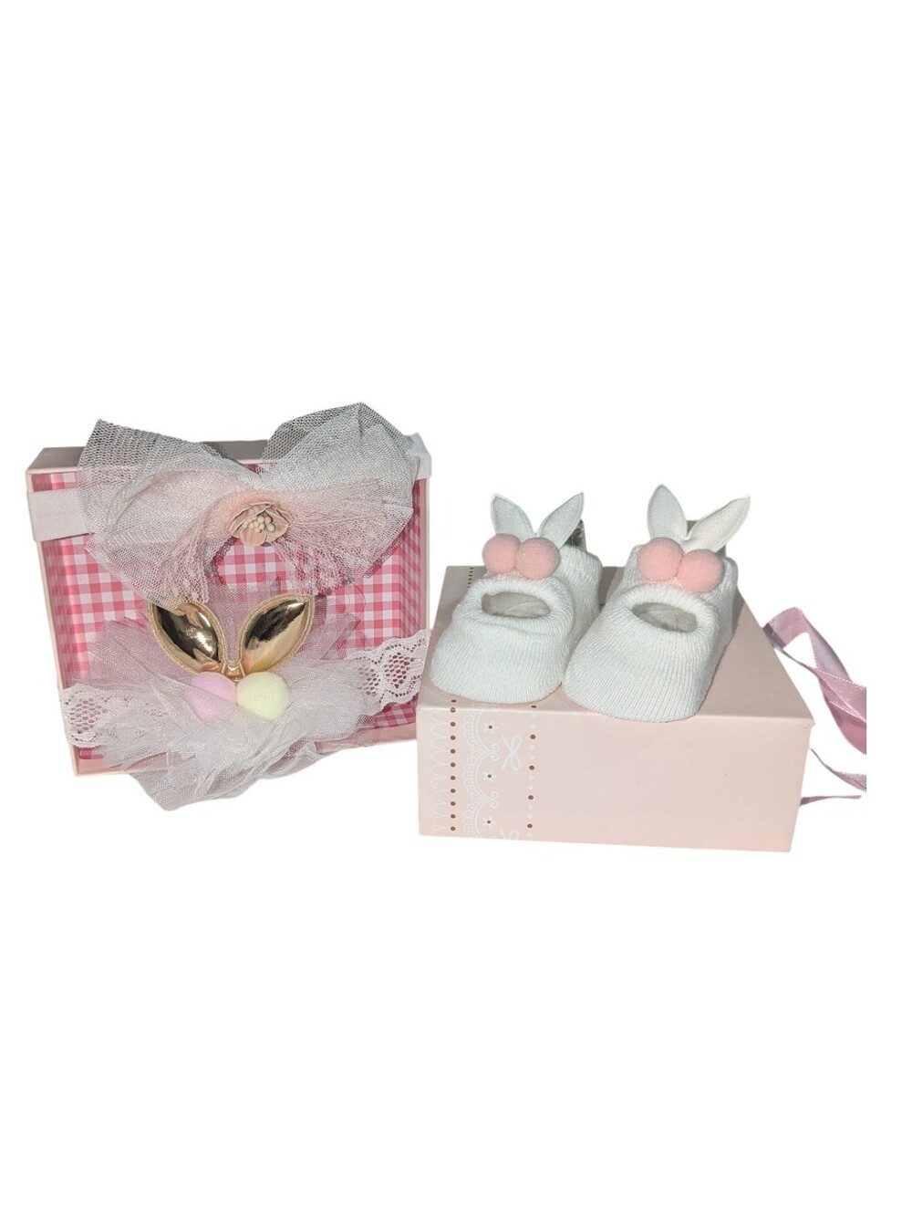 Baby Bunny Pom Booties and Headbands Set with Gift Box